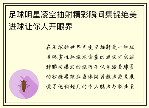 足球明星凌空抽射精彩瞬间集锦绝美进球让你大开眼界
