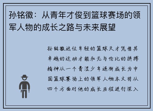 孙铭徽：从青年才俊到篮球赛场的领军人物的成长之路与未来展望